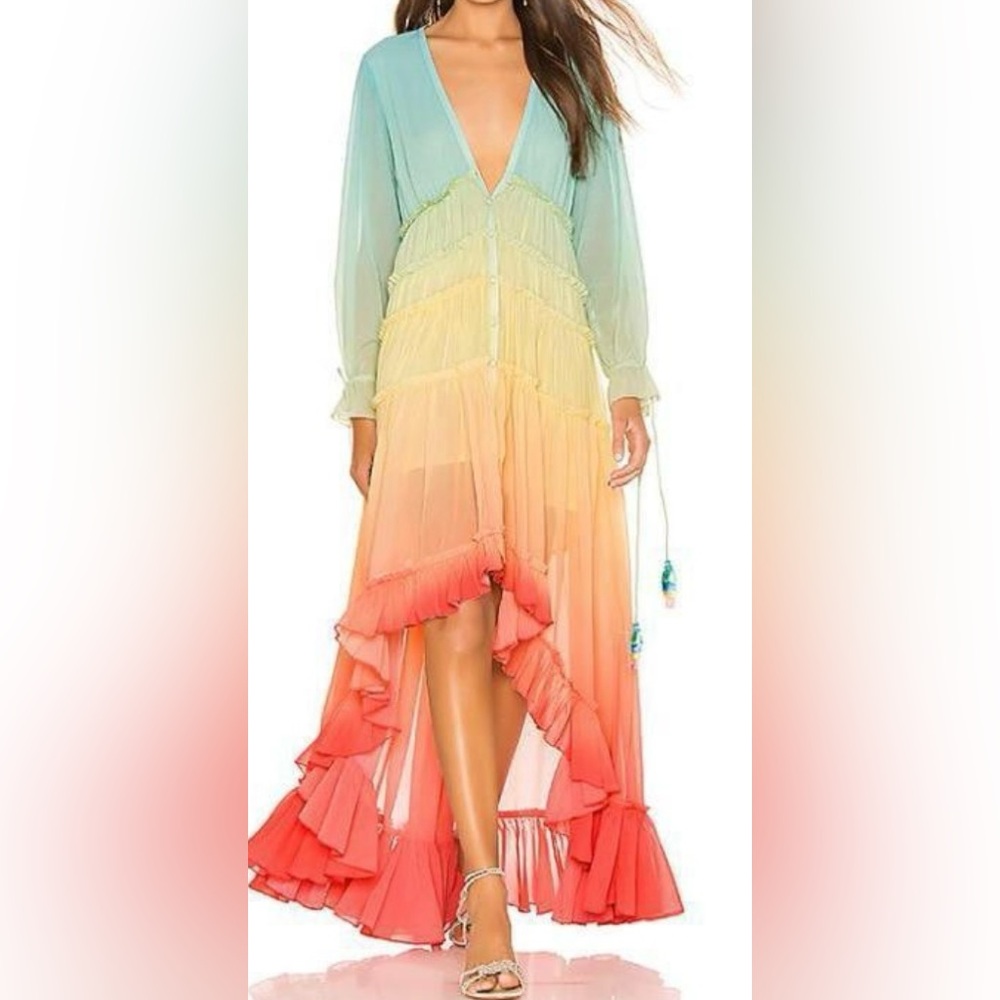 Rainbow Tiered Hi-Low Long Sleeve Maxi dress size Large